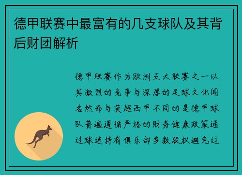 德甲联赛中最富有的几支球队及其背后财团解析